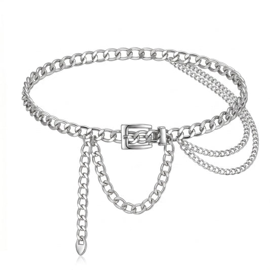 Gemoioio Adjustable Metal Chain Belts for Women –Silver Layered Waist Chain for Dresses Jeans Skirts