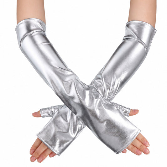 Long Silver Metallic Fingerless Gloves Halloween Party Costume Gloves