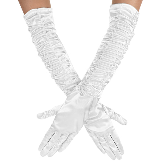White Long Satin Gloves Women Shirred Formal Gloves 1920s Gatsby Accessories for Opera Masquerade Tea Party Wedding