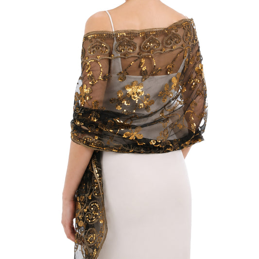Fosaseua 1PC Black Gold Sequin Shawl Sequin Flower Sheer Shawls for Women