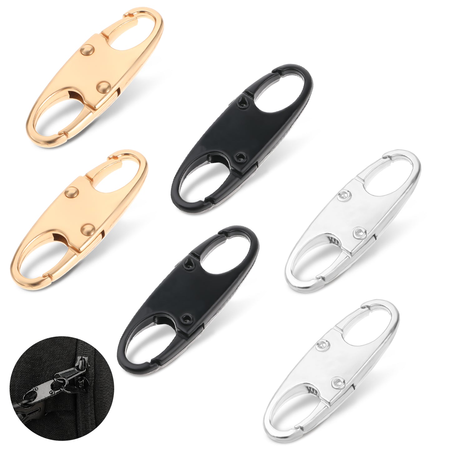 6PCS Carabiner Small Zipper Pull Locks Zipper Clip Theft Deterrent for Backpacks Zipper Pull Replacement Camping Fishing Traveling Outdoor Sports (Silver Black Gold)