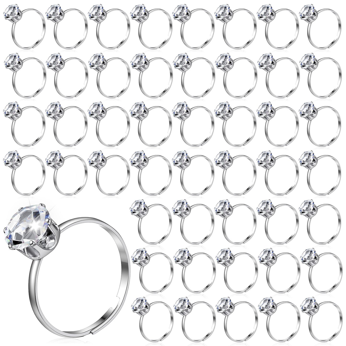 Neyauo 50 Pcs Silver 8mm Adjustable Diamond Engagement Rings Fake Bridal Shower Rings for Wedding Table Decorations Bachelorette Party Favors Cupcake Toppers Arts Crafts Gift Accents
