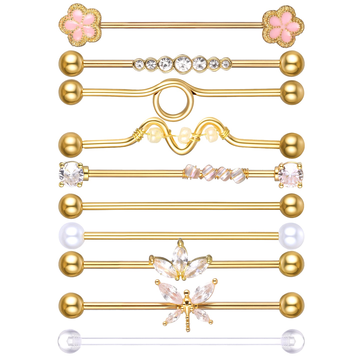 Tucnoeu 10PCS Gold Industrial Barbell Earring, Cartilage Body Piercing Jewelry 45mm 14G Industrial Piercing Bar for Women Men