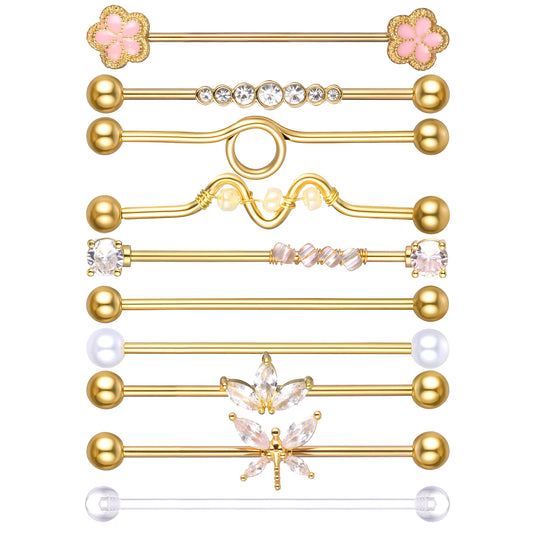 Tucnoeu 10PCS Gold Industrial Barbell Earring, Cartilage Body Piercing Jewelry 45mm 14G Industrial Piercing Bar for Women Men
