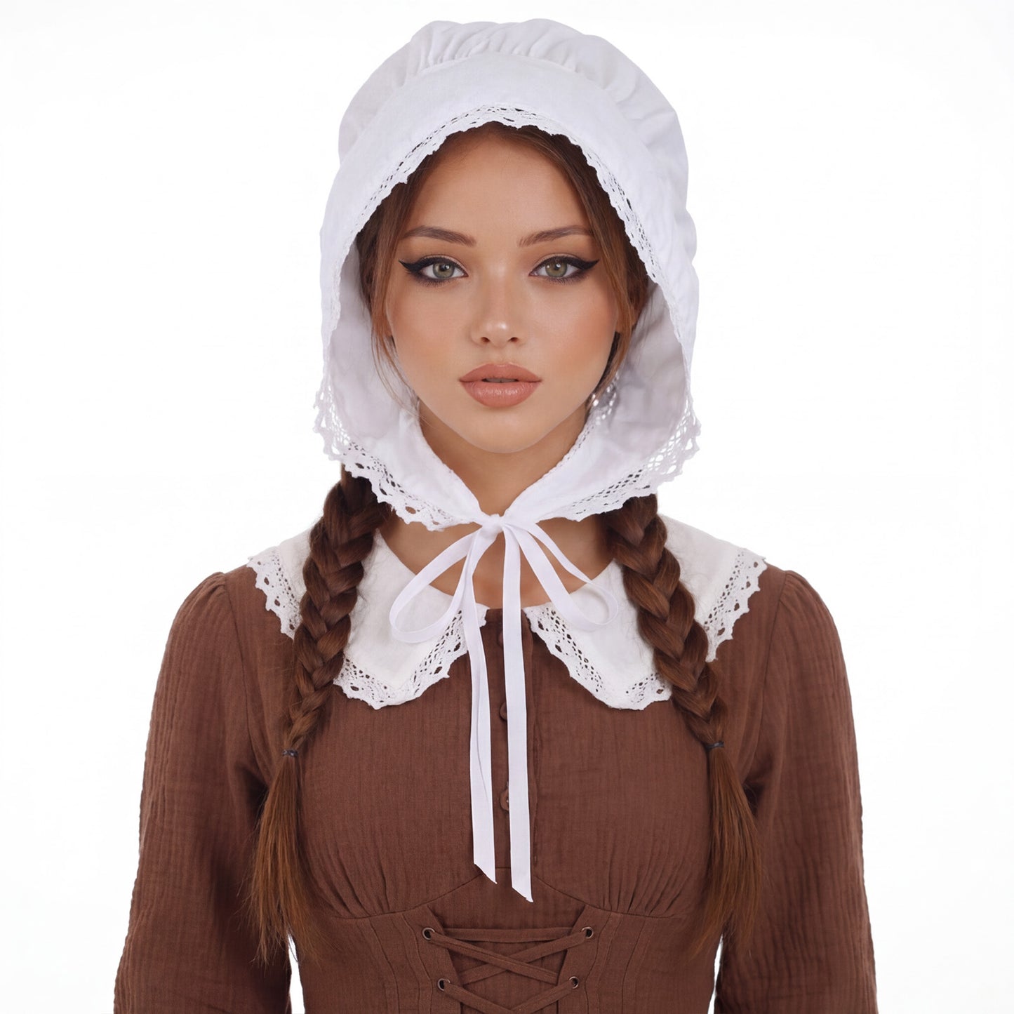 Tucnoeu Colonial Hat Mob Hat for Women with Adjustable Straps, Amish Bonnet, Prairie Bonnets Loneer Colonial Bonnet for Maid Girl Cosplay White