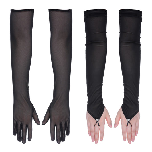 Josojoou 2 Pairs Sheer Long Black Gloves, 2 Styles Tulle Long Opera Gloves for Women, Elbow Length Longs Black Mesh Glove for Weddings, Operas, Tea Parties, Balls, and Parties