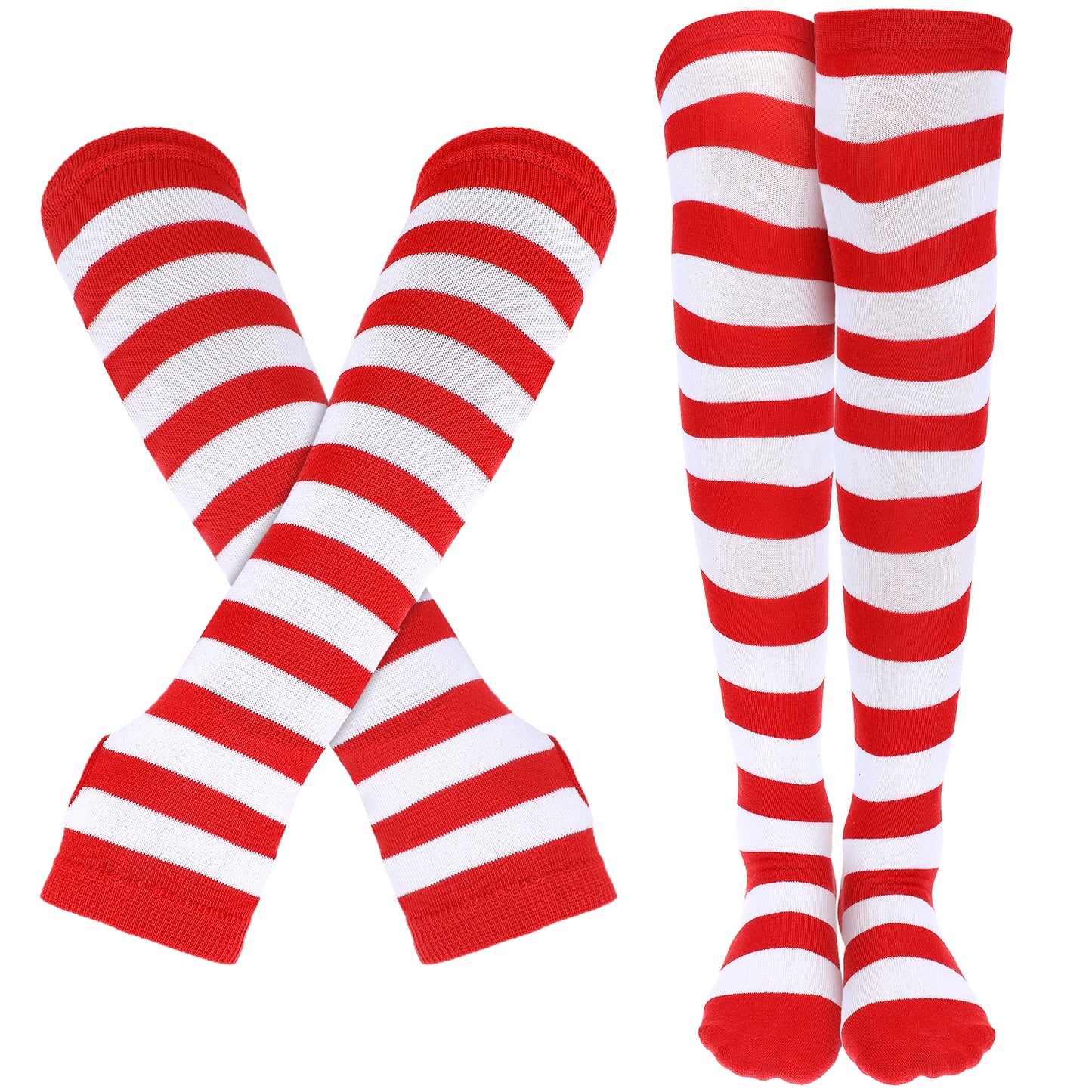 Red and White Striped Knee High Socks and Arm Warmers Set Christmas Knee High Stockin Striped Fingerless Arm Sleeves for Women Girls Candy Cane Christmas Outfit Sports Holiday Themed Party Accessories