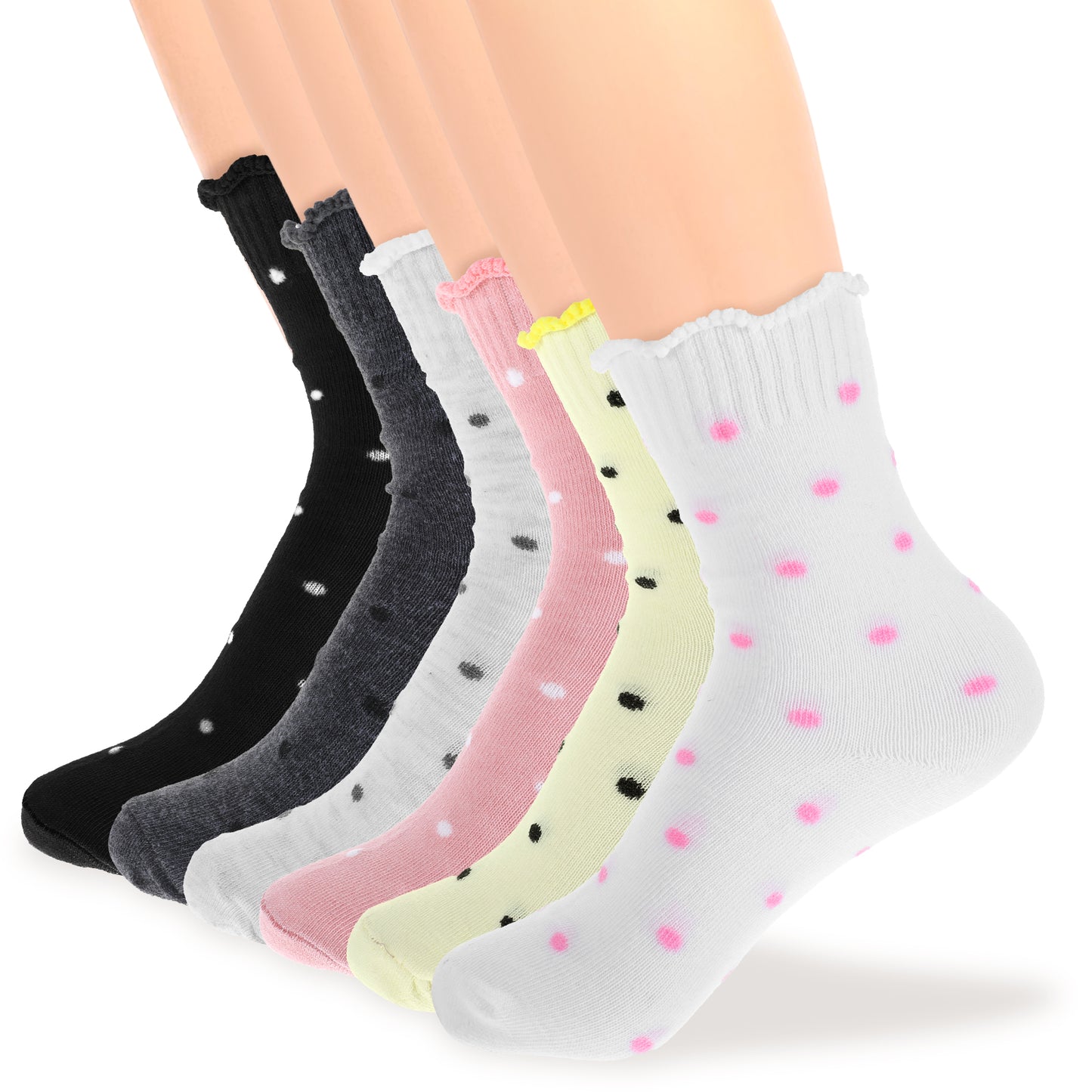 Casual Ankle Breathable Cool Knit Cotton 6 Pairs Women's Ruffle Socks,Cute Polka Dot Crew Sock 6 Pack