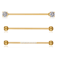 Gemoioio 14G CZ Gold Industrial Piercing Jewelry 3pcs – Surgical Steel Long Cartilage Helix Piercing Barbell, Cubic Zirconia Industrial Bar for Women Men, Punk Rock Style