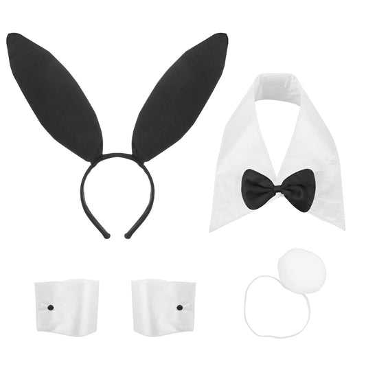 Mozeat Lens Bunny Costume Suit Set, Bunny Ears Headband Bow Tie Collar Costume Cuffs Rabbit Furry Tail Prom Accessories for Women Halloween Party Cosplay,Photoshoot