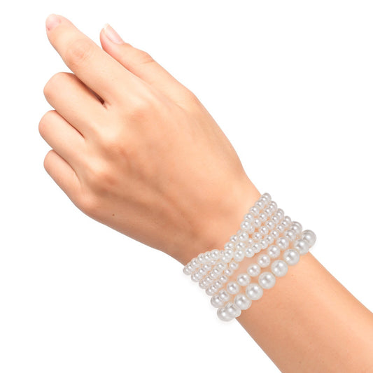 Yolev 6Pcs Pearl Bracelets for Women Faux Pearl Bracelet Stack Elastic Bead Bracelets Set Bridal Bridesmaid Jewelry for Halloween Wedding Christmas Prom Party Gift
