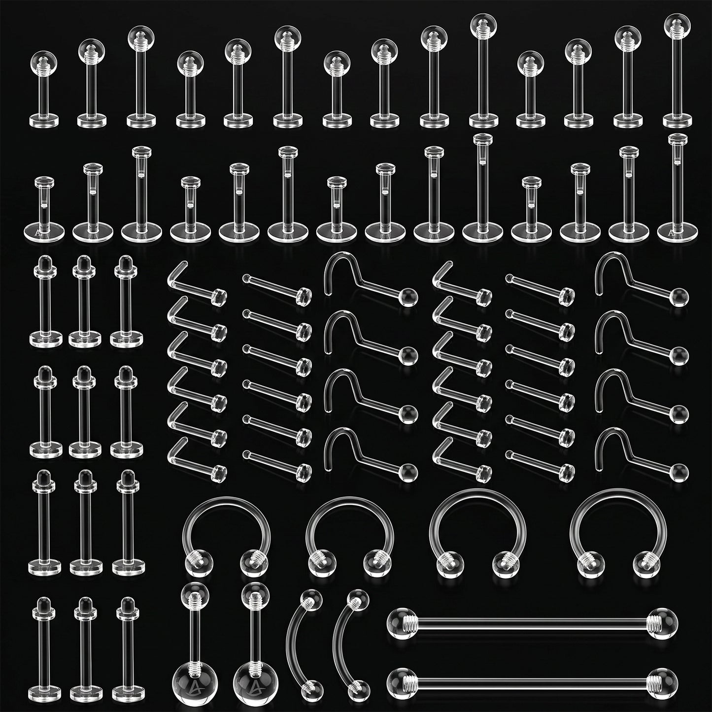 HekouJiub 82Pcs Clear Piercing Retainer, Plastic Earrings for Surgery, Multiple Sizes Clear Piercings, Flexible Piercing Retainers for Nose, Ears, Lips, Tongue, Navel, Eyebrows, Cartilage