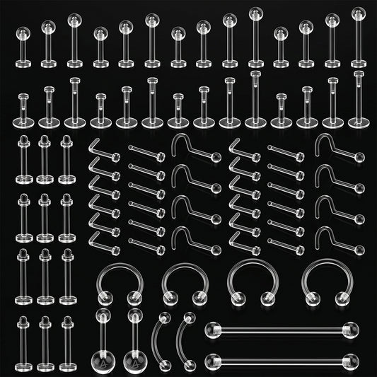 HekouJiub 82Pcs Clear Piercing Retainer, Plastic Earrings for Surgery, Multiple Sizes Clear Piercings, Flexible Piercing Retainers for Nose, Ears, Lips, Tongue, Navel, Eyebrows, Cartilage