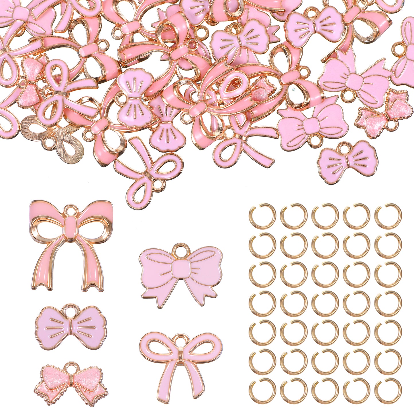 Yolev 50 Pcs Pink Bow Charms for Jewelry Making Cute Bowknot Enamel Charm Kawaii Bow Tie Small Charms Alloy Pendants With 50 Jump Rings for Bracelet Necklace Earrings DIY Craft Supplies