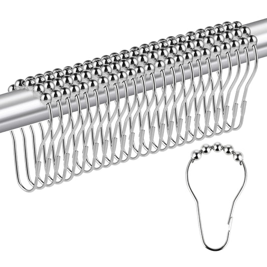 Telooco 24 Pcs Shower Curtain Hook Stainless Steel Shower Rod Hooks Silver Bathroom Curtain Hooks with Non-Slip Ball for Bathroom Showers Rods