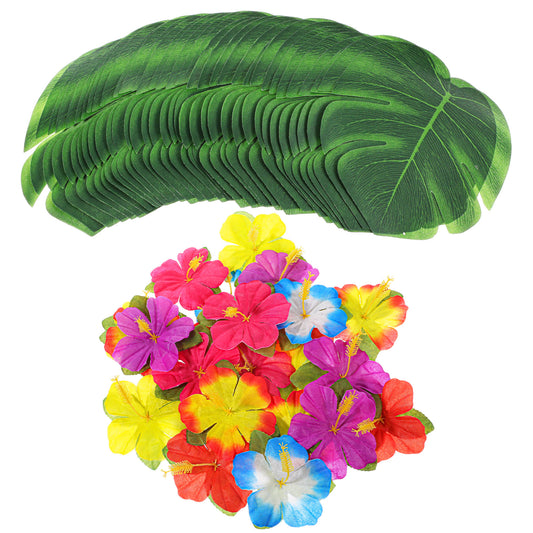 HekouJiub 60Pcs Tropical Party Decorations, Artificial Hibiscus Flowers Tropical Palm Leaves for Hawaiian Themed Party Jungle Beach Table Decor