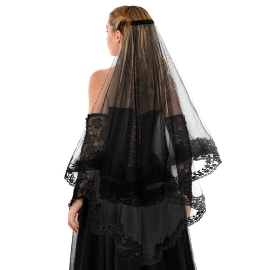 Black Veil Bridal Lace Wedding Veils Halloween Black Veil for Funeral Creative Cathedral Tulle with Comb for Women Party Cosplay Bridal Shower