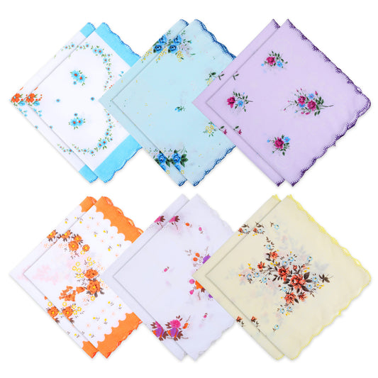 Tucnoeu 12 Pack Cotton Handkerchiefs for Women, Soft Cotton Handkerchiefs Ladies' Vintage Floral Handkerchief 12x12 Inch Embroidered Ladies Hankies Sweat Handkerchief for Wedding Party