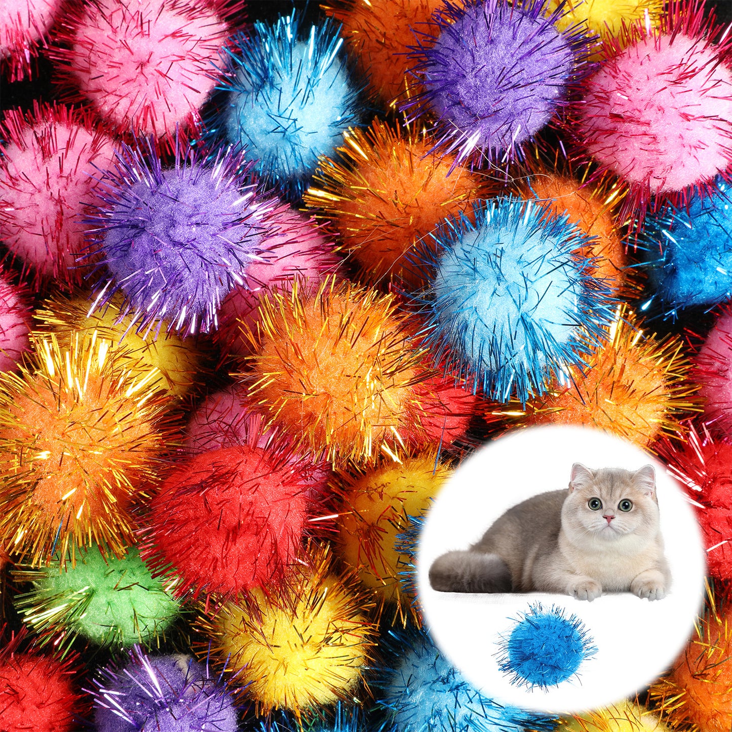 Tucnoeu 50 Pcs Cat Pom Pom Balls, Interactive Cat Toys, Sparkle Balls For Cats, Fuzzy Balls For Exercise And Entertainment, Multicolor, 1.3 Inch