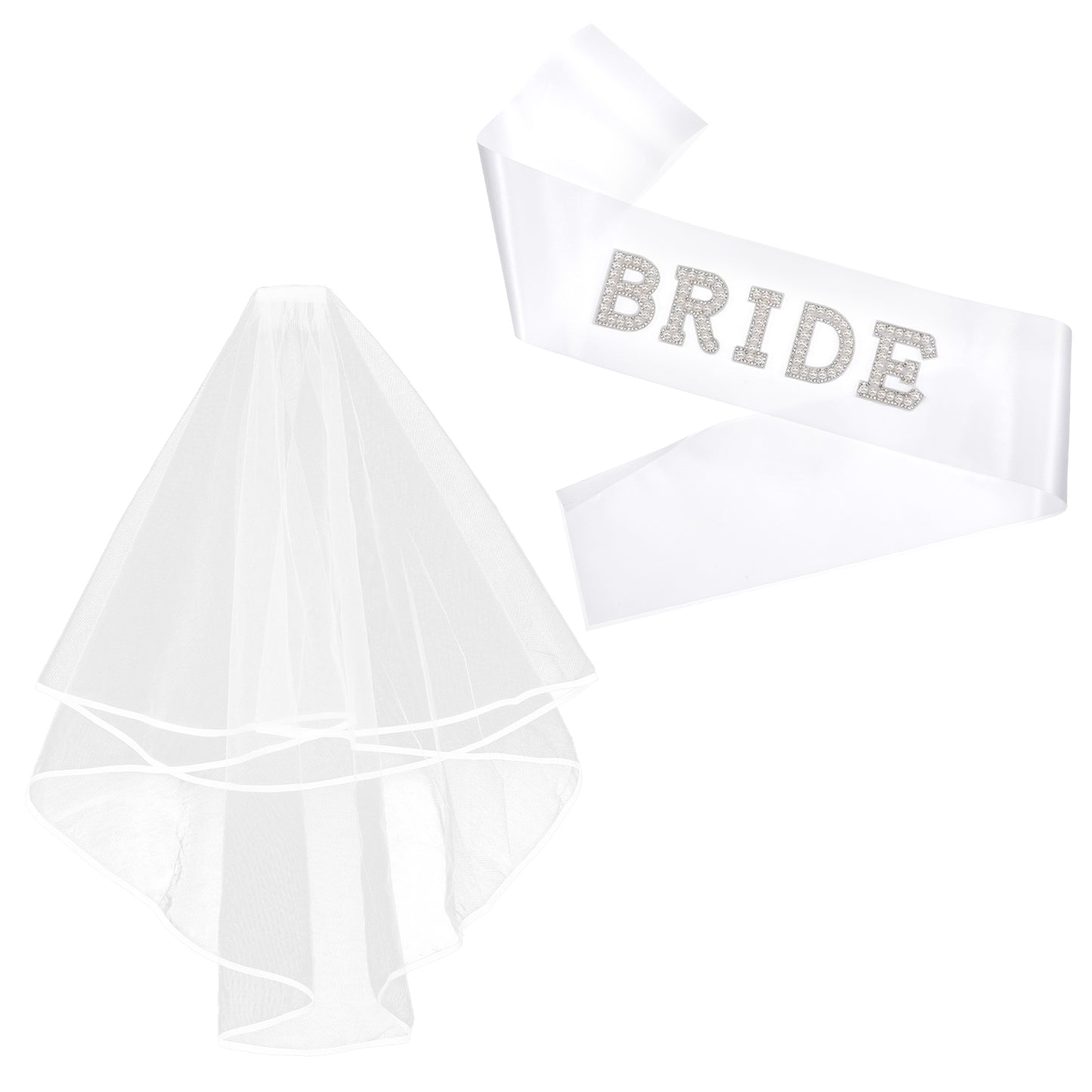 Bride Veil and Sash Set, Short White Veil, Pearl Satin Sash, for Wedding, Engagement Supply, Bachelorette Party, Bridal Shower Gifts