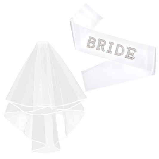 Bride Veil and Sash Set, Short White Veil, Pearl Satin Sash, for Wedding, Engagement Supply, Bachelorette Party, Bridal Shower Gifts