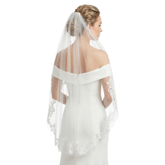 Josojoou Lace Wedding Veils for Brides, 1 Tier Embroidered Bride Veil with Metal Comb, Soft Tulle Fingertip Lace Veils for Weddings, Engagement Parties, Bridal Showers, Bachelorette Parties