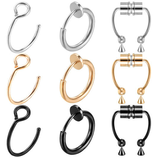 Telooco 9Pcs Fake Nose Ring Magnetic Fake Septum Stainless Steel Nose Ring Hoop Hypoallergenic Clip On Nose Lip Ring Non-Pierced Septum Ring for Women Men