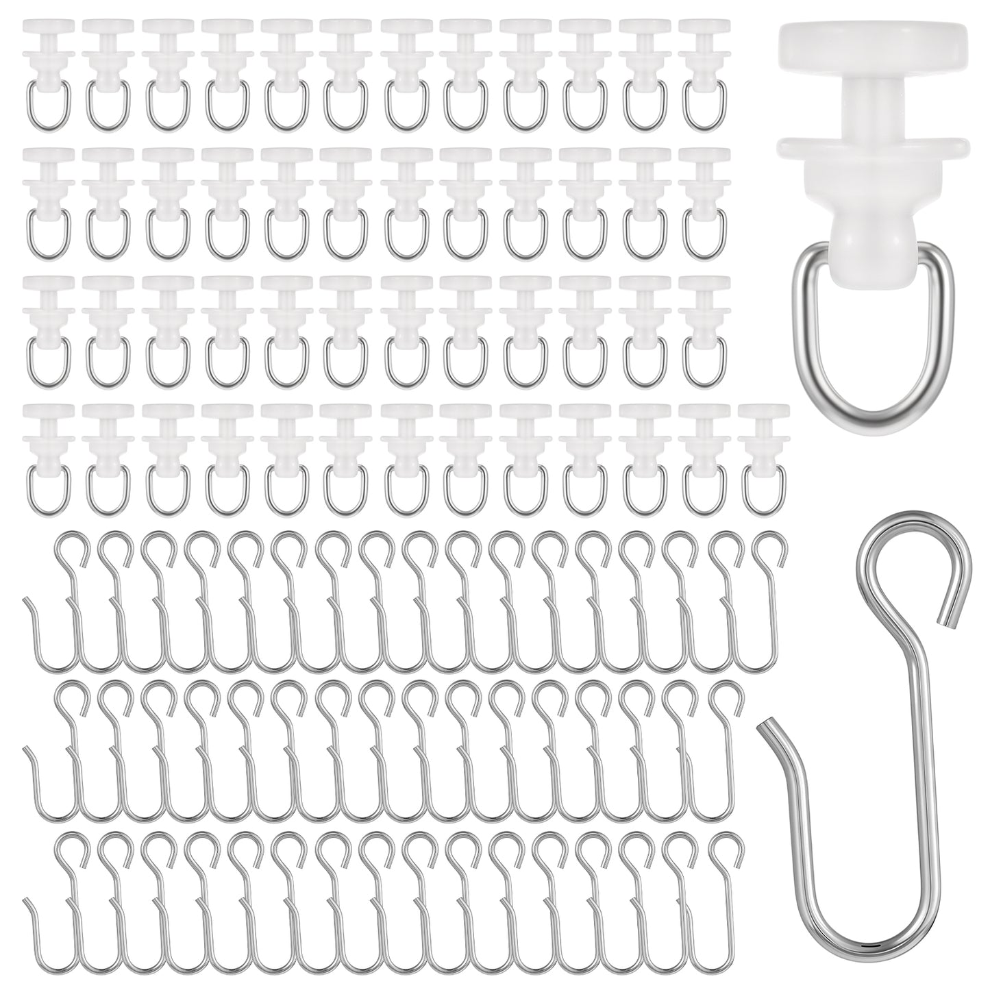100Pcs Shower Curtain Pack of 50 Pcs Gliders for Shower Curtain and 50 Pcs Curtains Hooks Straight Curved Curtains Track Rollers (White)