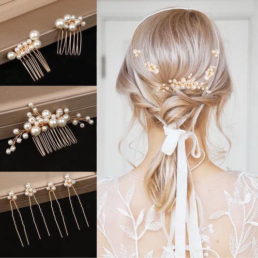 7PCS Pearl Hair Comb Set Vintage Hair Clips, and Headpiece Accessories for Brides,Gold U-Shape Side Comb