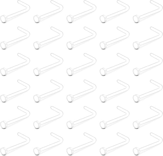 Tucnoeu 30Pcs Clear Nose Studs L Shaped Nose Rings Acrylic 20G Noses Stud Piercing Retainers Clear Noses Piercing for Women Girls Men