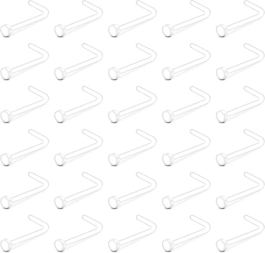 Tucnoeu 30Pcs Clear Nose Studs L Shaped Nose Rings Acrylic 20G Noses Stud Piercing Retainers Clear Noses Piercing for Women Girls Men