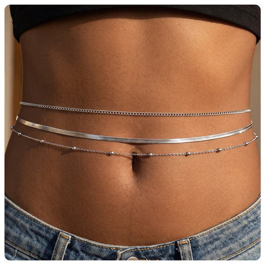 Silver Waist Chain 3Pcs Belly Chains for Women Stackable Waist Jewelry