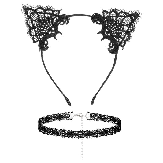 Black Lace Cat Ear Headband & Collar for Women Halloween Costume(Style A)