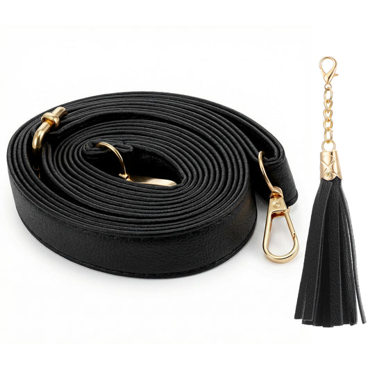 Adjustable Crossbody Shoulder Bag Strap, Full Grain Microfiber Leather, 59 Inch Long, 1 Inch Wide, Black With Gold Clasp, Replacement For Purses Handbags