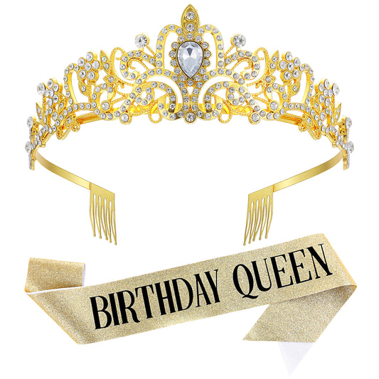 Neyauo Birthday Queen Sash And Rhinestone Tiara Set, Gold Glitter Crystal Crown Headband, Alloy And Satin Material, Women Party Decoration Kit