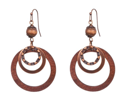 Boho Wooden Earrings For Women, Dangle Drop Earrings, Lightweight Geometric Brown Earring, Copper And Wood Circle, Western Bohemian Jewelry