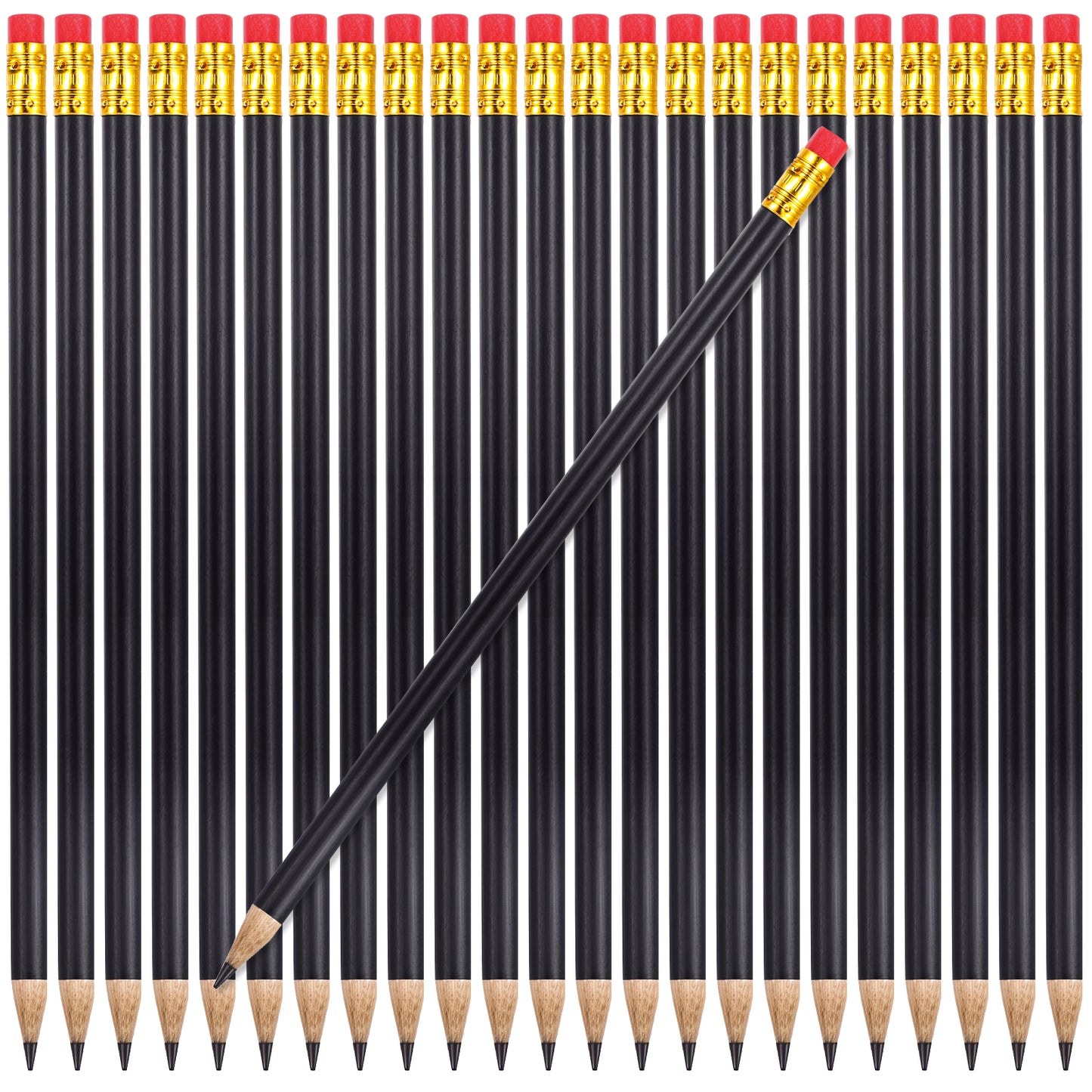 Lusofie 24 Pcs Round Pencils Wood Pencils With Eraser HB Graphite Pencils 7.48 Inch Cute Black Pencils For School Office Wedding Sketching Drawing Office Supplies (Black)