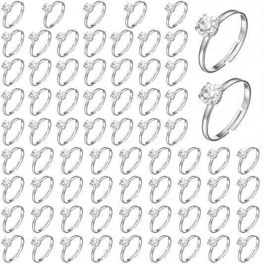 Yolev 72 Pcs Silver Diamond Rings Fake Rings Adjustable Fake Wedding Rings Plastic Rings for Bridal Shower Wedding Party Favors Cupcake Toppers Decorations
