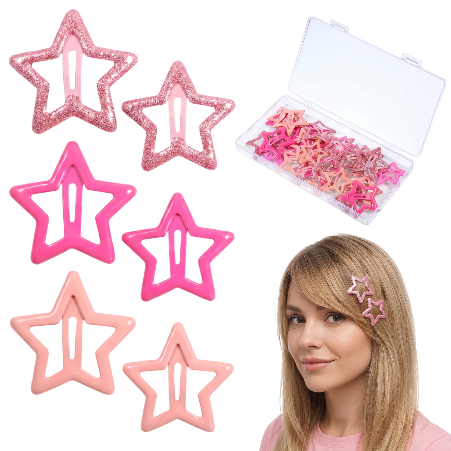 36Pcs Star Snap Clips for Hair, Y2k Pink Star Barrettes, Glitter Sequin Hair Clips Non-Slip, Metal Cute Barrettes for Women Gilrs