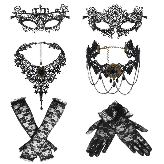 6PCS Halloween Masquerade Costume Set Black Lace Mask Gloves Gothic Choker