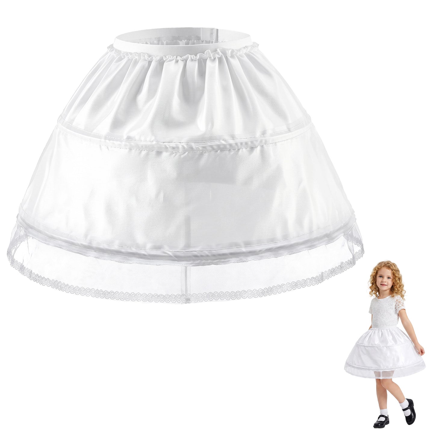 Neyauo Girls Petticoat With 3 Hoops Crinoline Underskirt Lightweight Full Slip Skirt Lace Edge for Party Prom Formal Dress(4-5Years) White