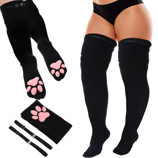 Plus Size Cat Paw Thigh High Socks with Garters ，Women Cute Soft 3d Toe Beans Cat Paw Socks，3d Kitten Claw Pad Socks Golves for Thick Thighs Cute Fat Girl Cosplay，Thigh High Socks Plus Size（Black）