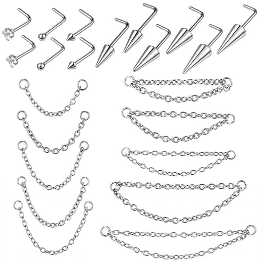 Gemoioio 22Pcs 20G Surgical Steel Nose Ring Chain Set, Double Nose Chain Piercing Across Noses, Noses Ring Stud with Spike Ball CZ for Women Men, Nostril Piercing Jewelry Kit