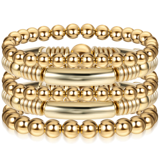 Lusofie 5Pcs Gold Beaded Bracelets for Women, Gold Bracelets, Bracelet Set Stretch Curved Stacking Bracelet Layered Bead Ball