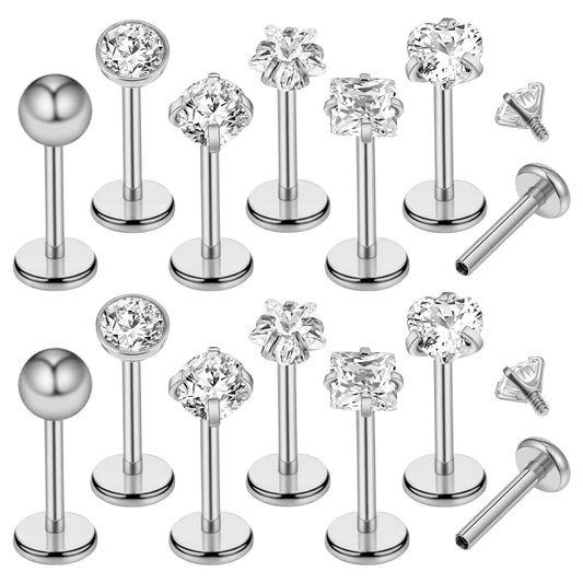 HekouJiub 12Pcs Spiral Tragus Piercing Jewellery - Stainless Steel Labret Piercing Jewelry Flat Back Nose Stud with Zircon for Women Men