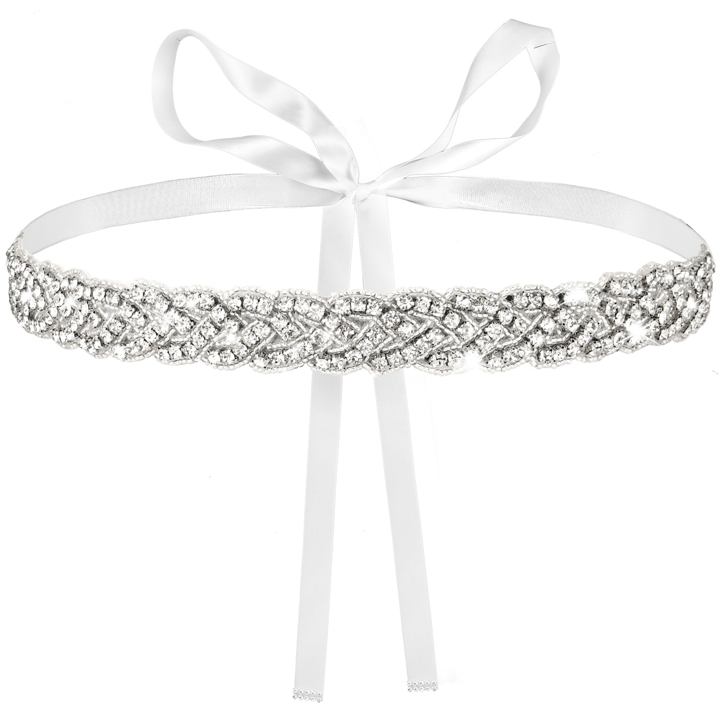 Telooco Bridal Wedding Waist Belt Silver Glitter Rhinestone Sash Belt Handmade Black Ribbon Crystal Belt for Bride Women Formal Dress (White)