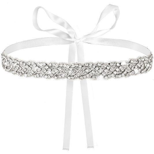 Telooco Bridal Wedding Waist Belt Silver Glitter Rhinestone Sash Belt Handmade Black Ribbon Crystal Belt for Bride Women Formal Dress (White)