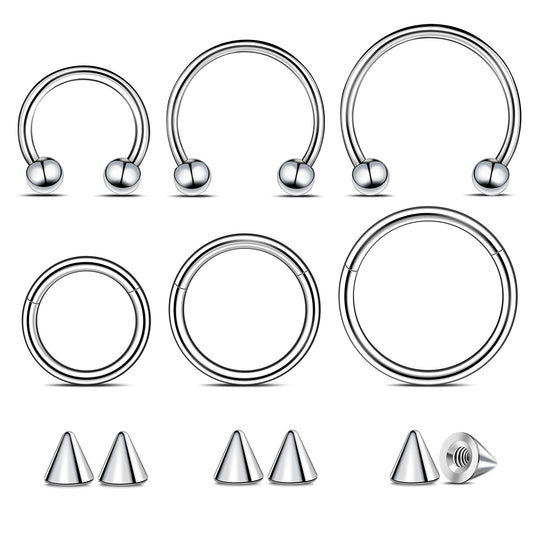 6Pcs Septum Rings 16G Surgical Steel Nose Ring 8mm 10mm 12mm Horseshoe Septum Piercings Hinged Clicker Septum Hoop Rings Lip Earrings Eyebrow Hoops With 6 Replacement Ball Spikes Nose Piercing Jewelry