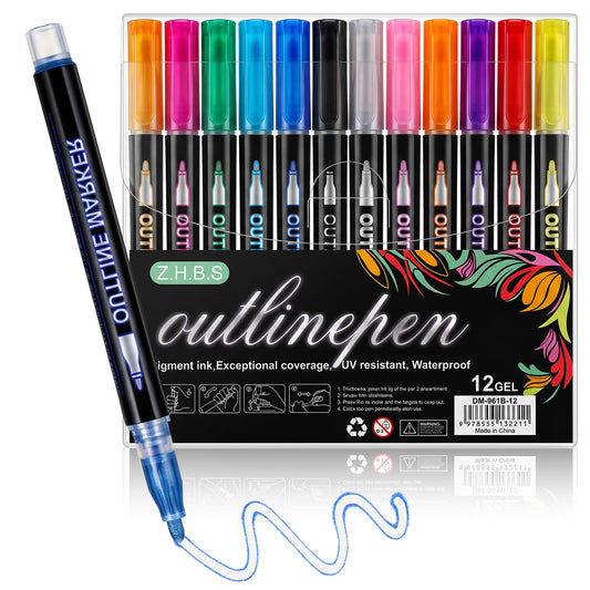 HaiFafafaing 12 Colors Acrylic Paint Pens - Colouring Paint Pens, Double Line Shimmer Art Pen Gift for Teens Girls Birthday Gift - Self-Outline Crafts Drawing, Metallic Marker for Hand Book