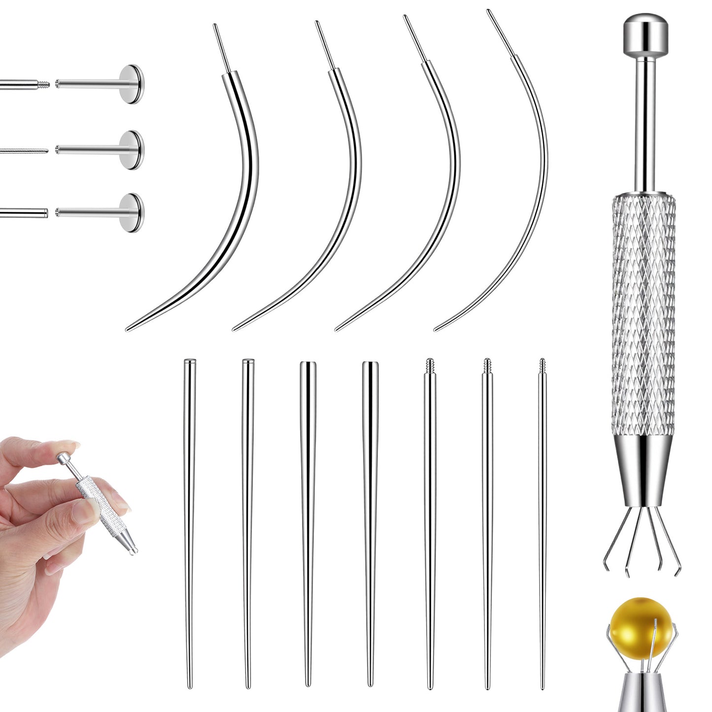 Neyauo Stainless Steel Piercing Taper Tool Kit, 12PCS Jewelry Grabber And Insertion Tapers For Ear Nose Lip, Flat Back Earring Assistant Applicator, Thread And Threadless, 14G 16G 18G 20G